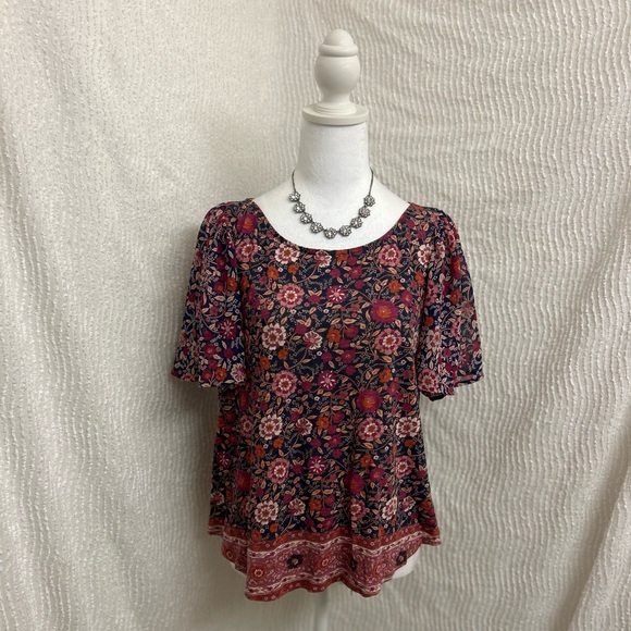 Lucky Brand Boho Floral Top Size Large Ruffle Sleeve Romantic Peasant Blouse - Picture 2 of 12
